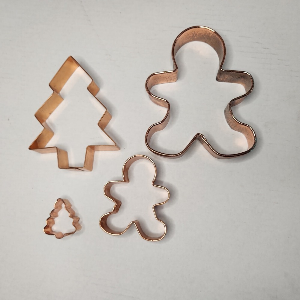 Copper Cookie Cutters Holiday Christmas Trees Gingerbread Man Men Set/4 READ
